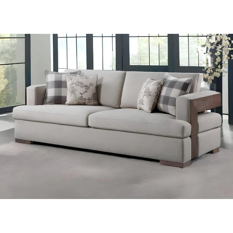 Canapé en tissu beige et coussins décoratifs avec pieds marron - 92