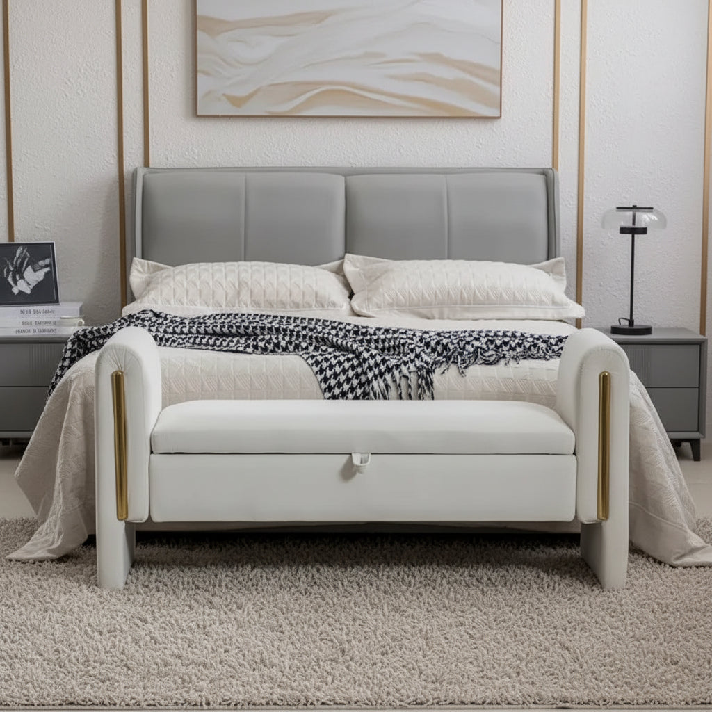 Banc de rangement en velours pour chambre à coucher avec garniture en métal doré pour salon, chambre à coucher, intérieur