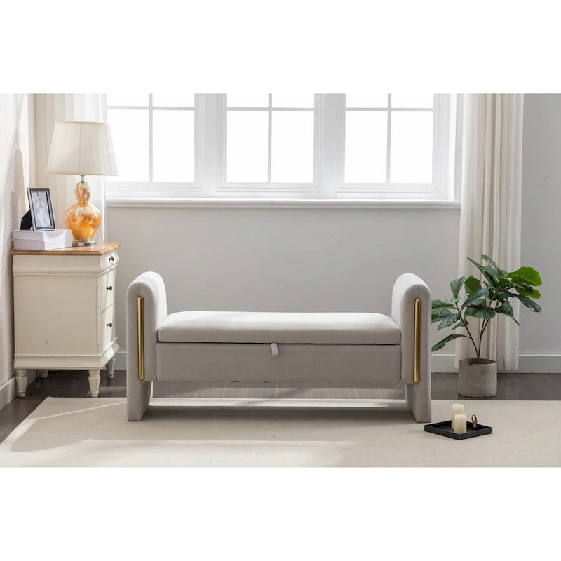 Banc de rangement en velours pour chambre à coucher avec garniture en métal doré pour salon, chambre à coucher, intérieur