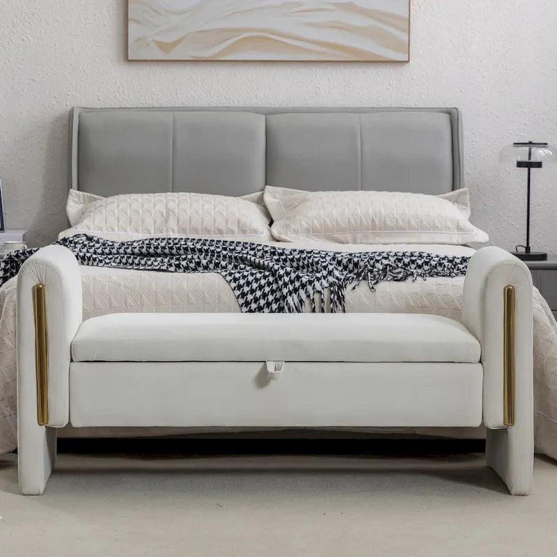 Banc de rangement en velours pour chambre à coucher avec garniture en métal doré pour salon, chambre à coucher, intérieur