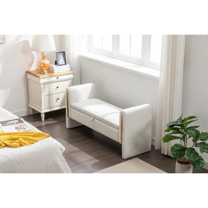 Banc de rangement en velours pour chambre à coucher avec garniture en métal doré pour salon, chambre à coucher, intérieur