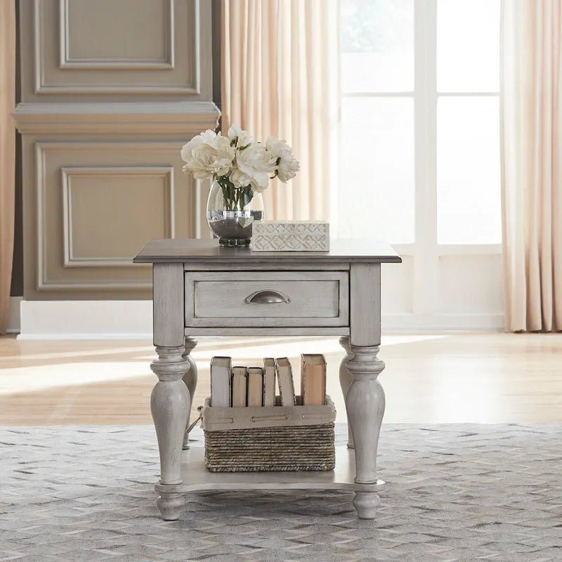Table d'appoint avec tiroir en pin vieilli et blanc antique