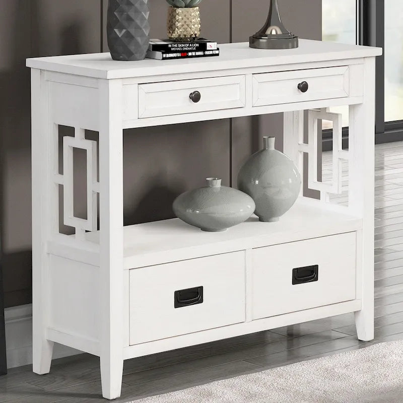 Table console de 36 po en pin de style rustique pour entrée de canapé avec 4 tiroirs et 1 étagère de rangement