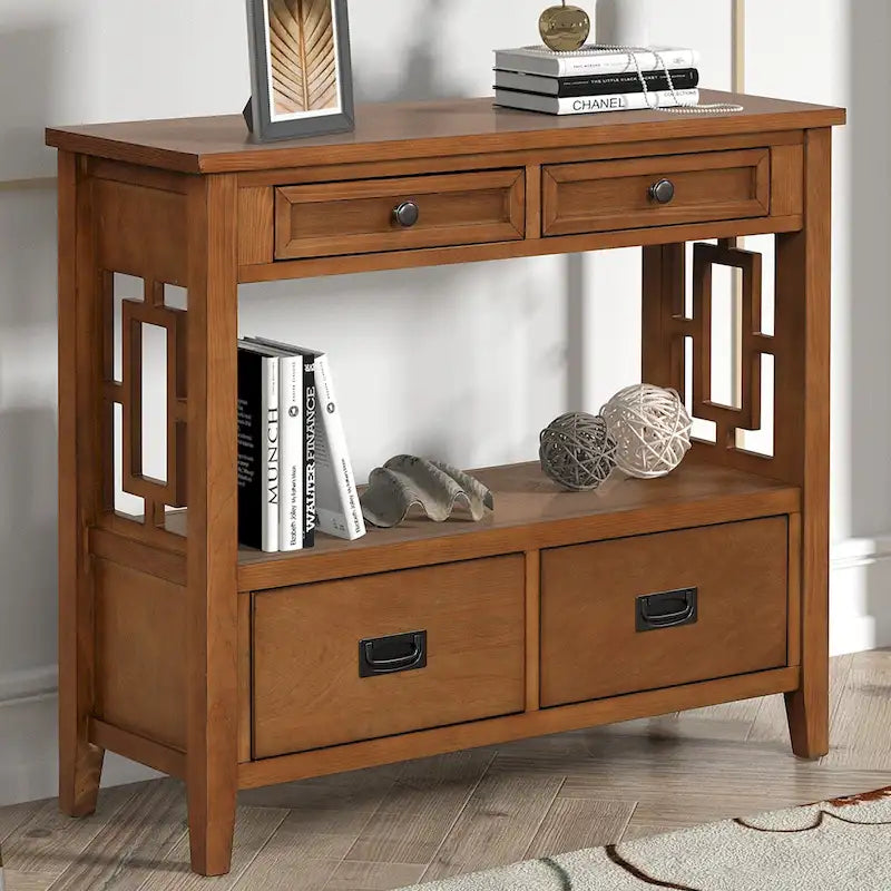 Table console de 36 po en pin de style rustique pour entrée de canapé avec 4 tiroirs et 1 étagère de rangement