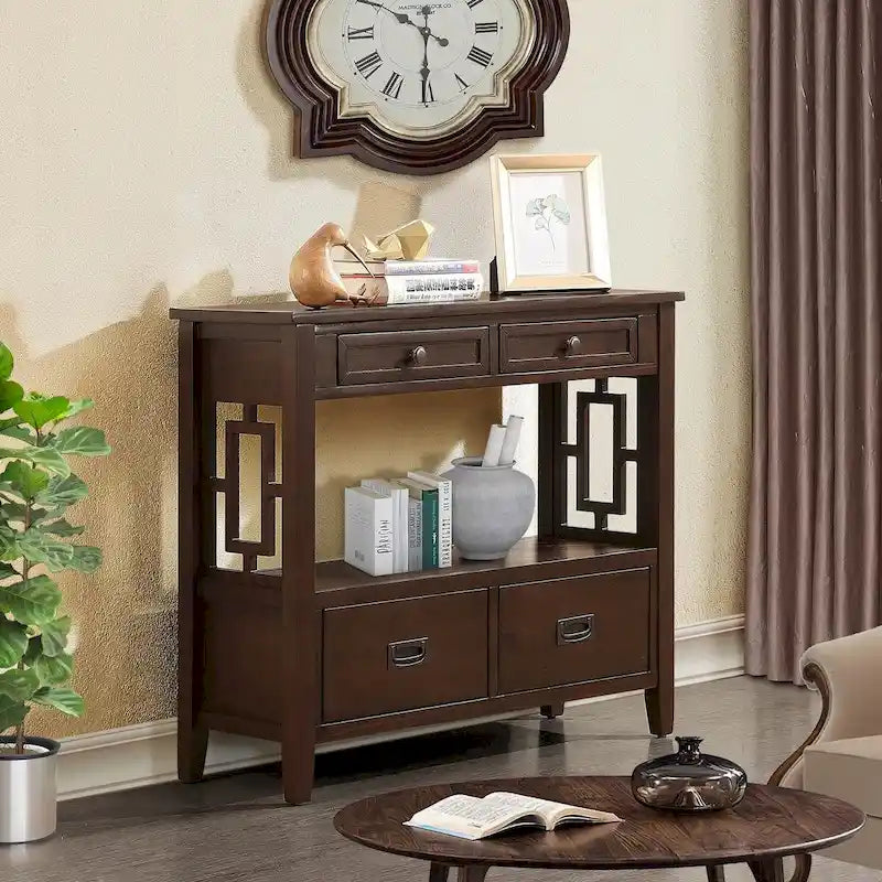 Table console de 36 po en pin de style rustique pour entrée de canapé avec 4 tiroirs et 1 étagère de rangement