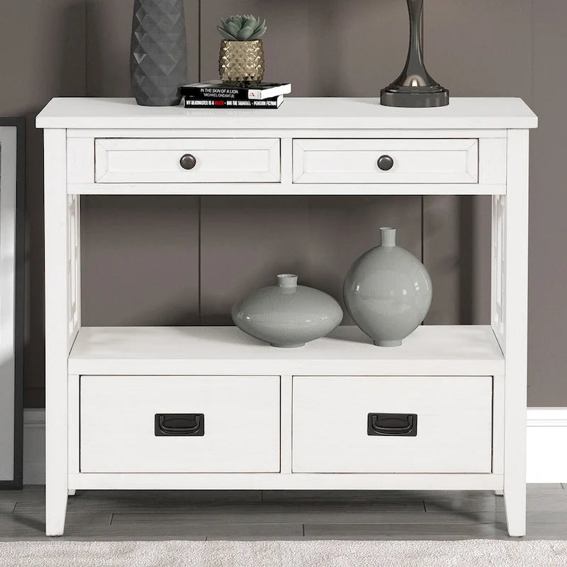 Table console de 36 po en pin de style rustique pour entrée de canapé avec 4 tiroirs et 1 étagère de rangement