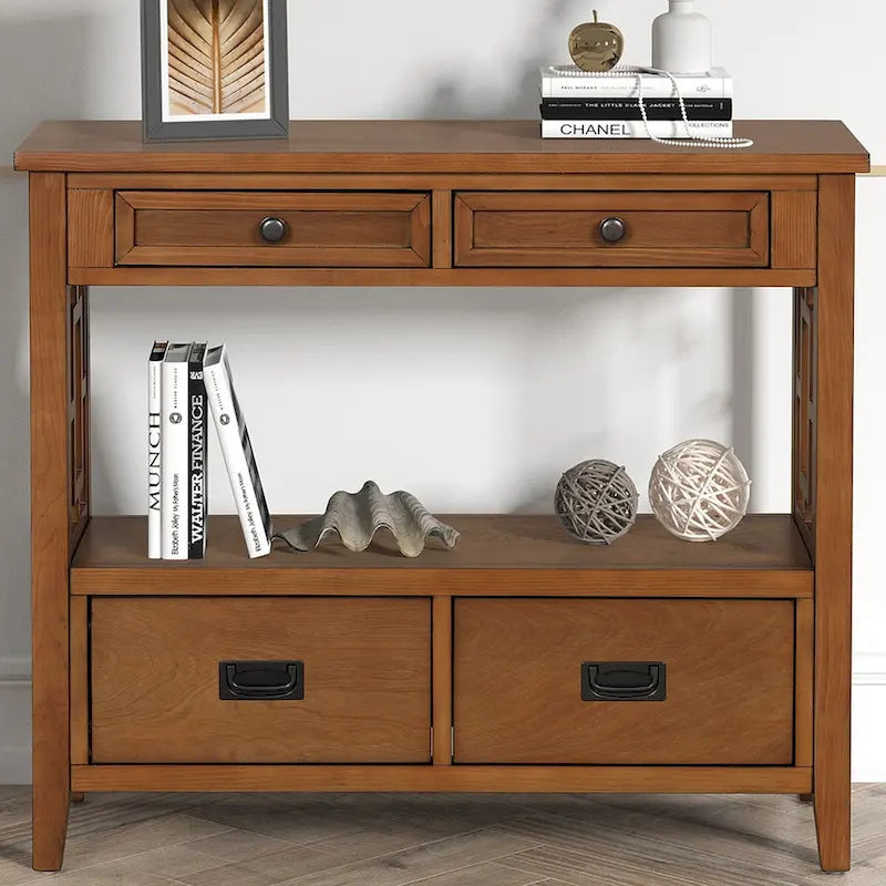 Table console de 36 po en pin de style rustique pour entrée de canapé avec 4 tiroirs et 1 étagère de rangement