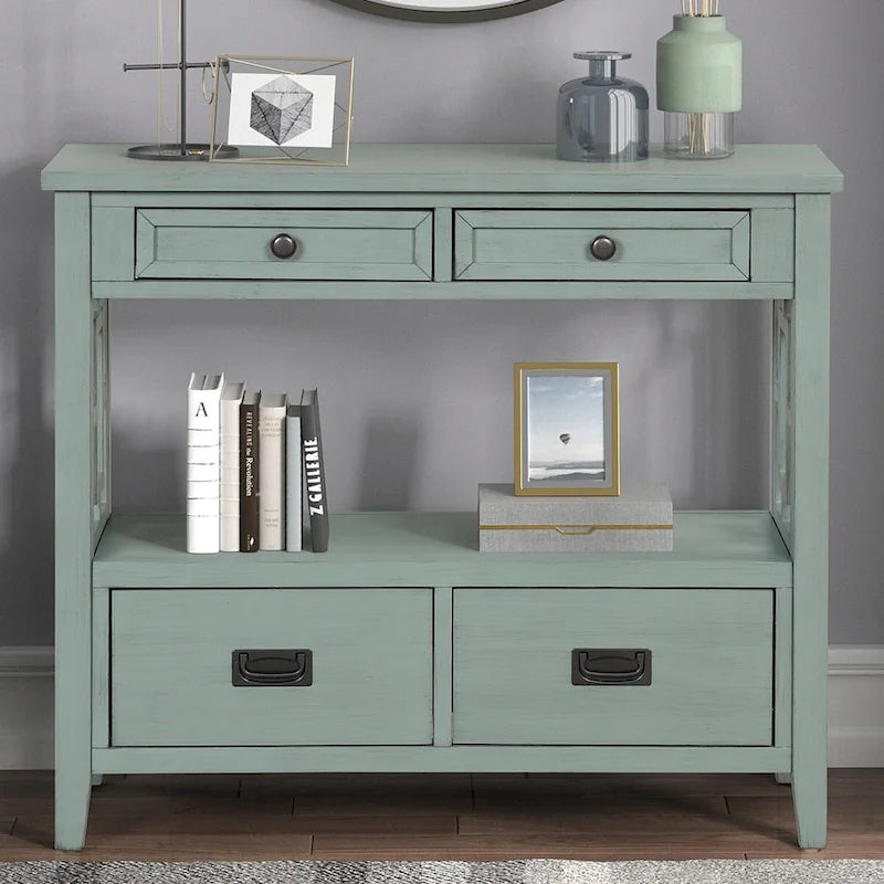 Table console de 36 po en pin de style rustique pour entrée de canapé avec 4 tiroirs et 1 étagère de rangement