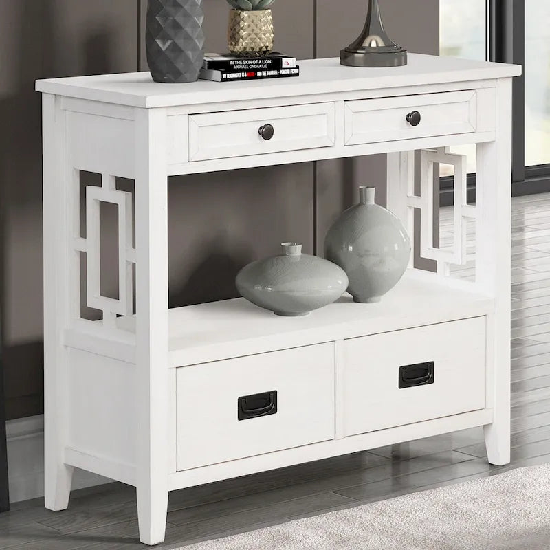 Table console de 36 po en pin de style rustique pour entrée de canapé avec 4 tiroirs et 1 étagère de rangement