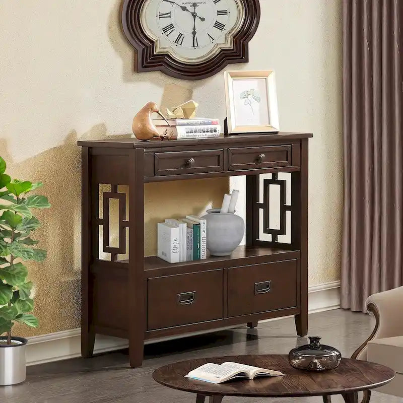 Table console de 36 po en pin de style rustique pour entrée de canapé avec 4 tiroirs et 1 étagère de rangement