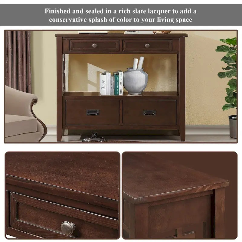 Table console de 36 po en pin de style rustique pour entrée de canapé avec 4 tiroirs et 1 étagère de rangement