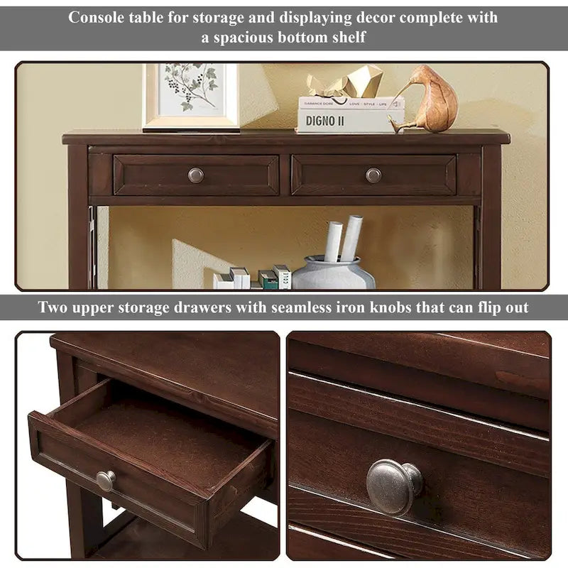 Table console de 36 po en pin de style rustique pour entrée de canapé avec 4 tiroirs et 1 étagère de rangement