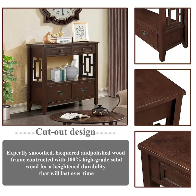 Table console de 36 po en pin de style rustique pour entrée de canapé avec 4 tiroirs et 1 étagère de rangement