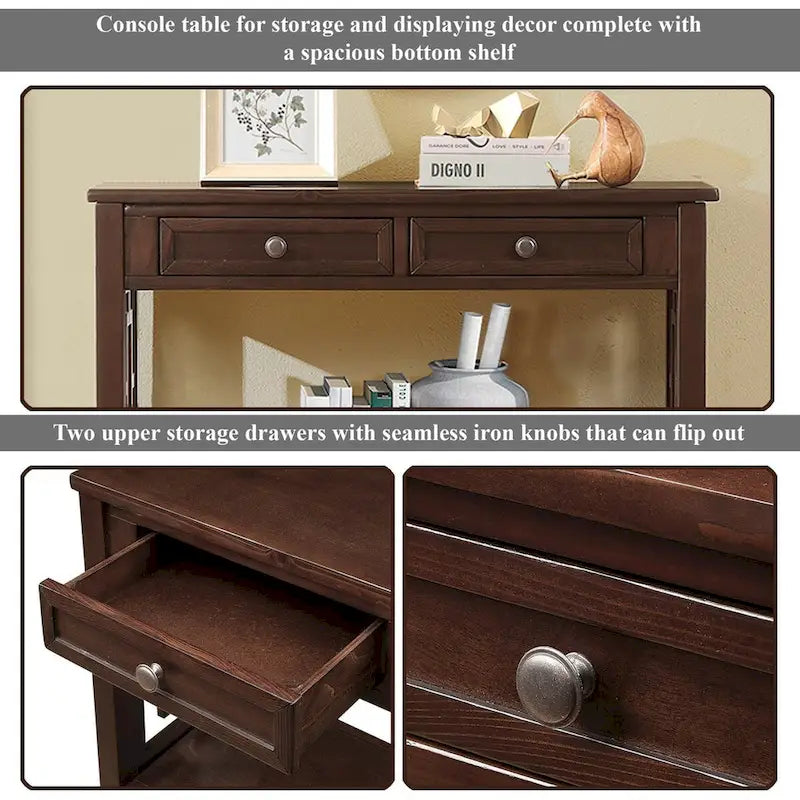 Table console de 36 po en pin de style rustique pour entrée de canapé avec 4 tiroirs et 1 étagère de rangement