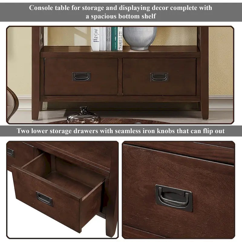Table console de 36 po en pin de style rustique pour entrée de canapé avec 4 tiroirs et 1 étagère de rangement