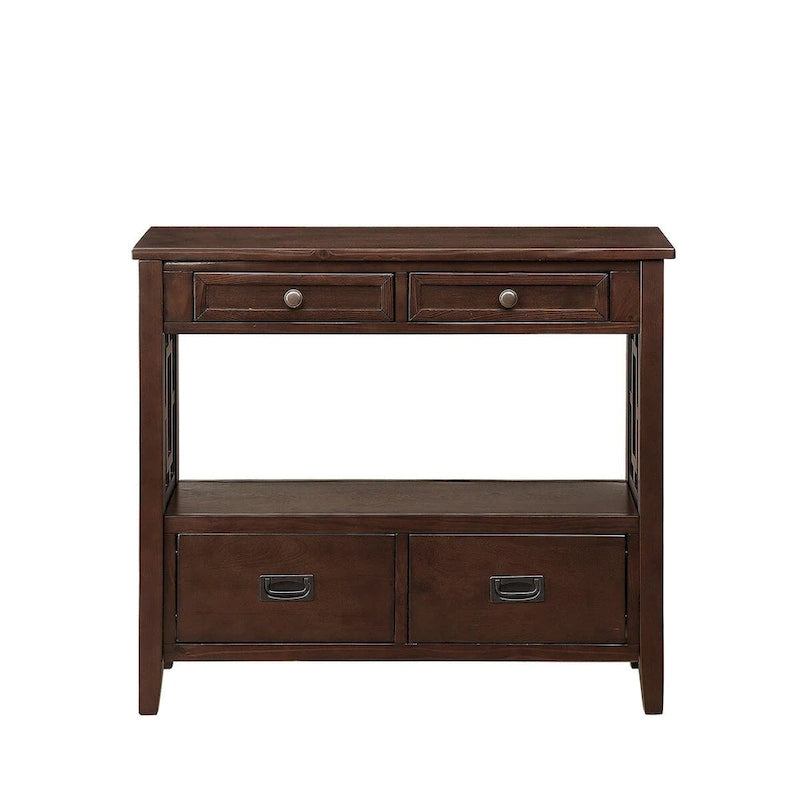 Table console de 36 po en pin de style rustique pour entrée de canapé avec 4 tiroirs et 1 étagère de rangement