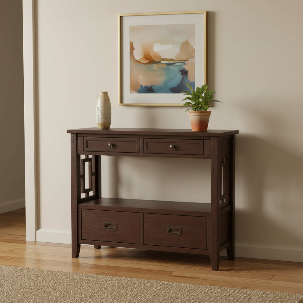 Table console de 36 po en pin de style rustique pour entrée de canapé avec 4 tiroirs et 1 étagère de rangement