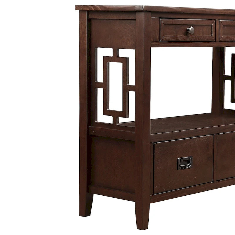 Table console de 36 po en pin de style rustique pour entrée de canapé avec 4 tiroirs et 1 étagère de rangement