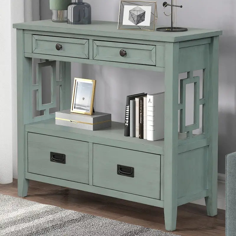 Table console de 36 po en pin de style rustique pour entrée de canapé avec 4 tiroirs et 1 étagère de rangement
