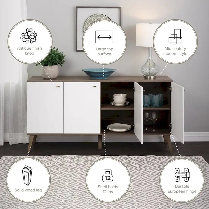 Bahut moderne milieu de siècle à 4 portes – 64 L x 32 H x 16 P