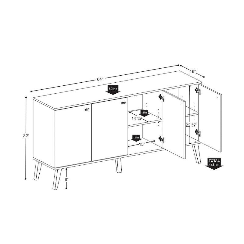 Bahut moderne milieu de siècle à 4 portes – 64 L x 32 H x 16 P