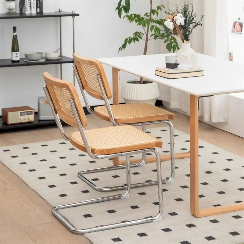 Chaises de salle à manger, chaises d'appoint en velours et rotin avec pieds chromés, lot de 2