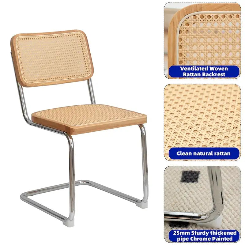 Chaises de salle à manger, chaises d'appoint en velours et rotin avec pieds chromés, lot de 2