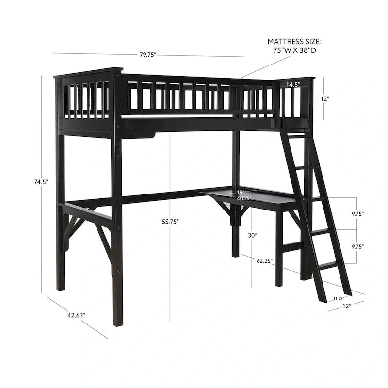 Lit mezzanine double en bois pour étude